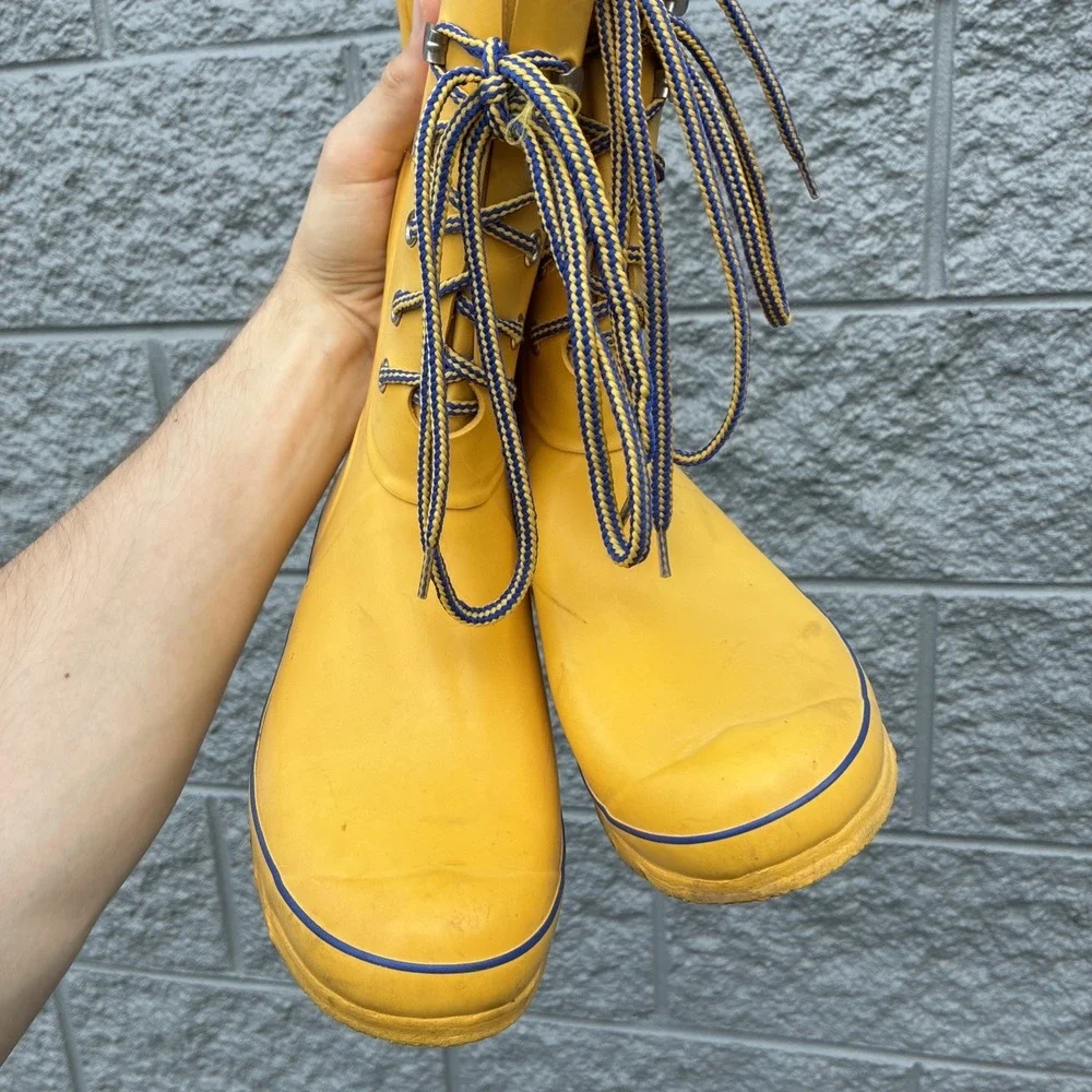 Hunter Festival Mid-Calf Lace Up Yellow w/ Blue Trim Women's US 9 Rain Boots